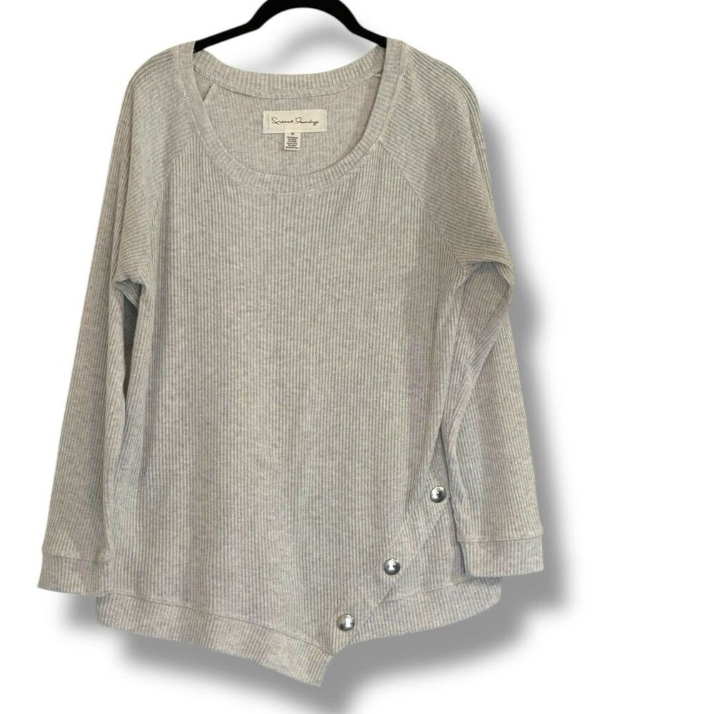 French Laundry Women’s Long Sleeve Ribbed Gray Tunic Top Med Button Hem